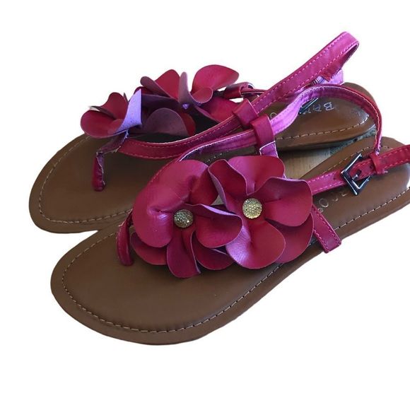 Bamboo Leather Flower Embellished Sandals, Fuchsia/Adjustable Buckle NWO… - Picture 3 of 7